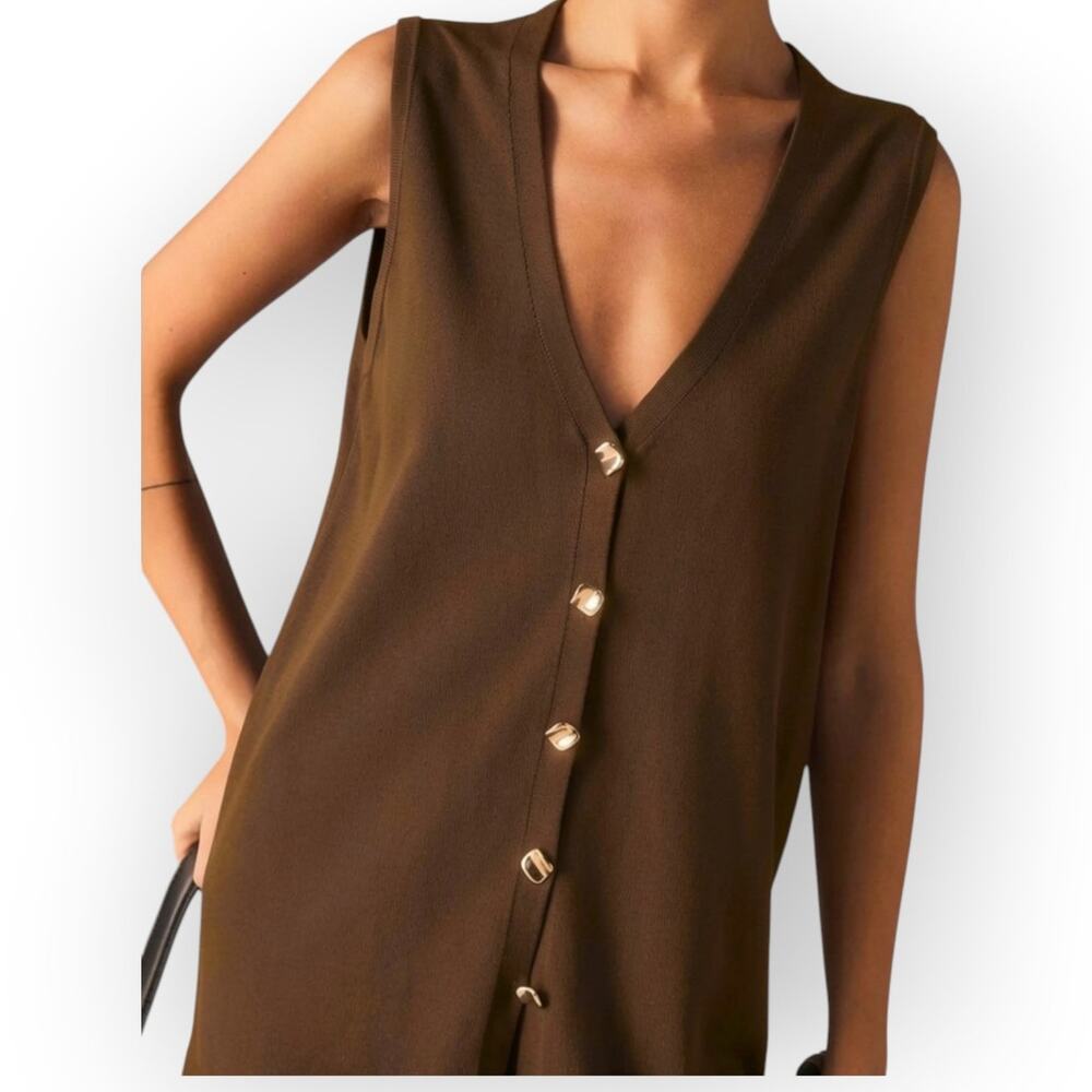 Commense Brown Knit Vest & Wide Leg Pants Set Gold Button Lounge Set NWT XL - Picture 4 of 7
